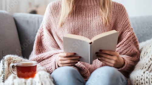 Woman Reading a Book on Plush Sofa, Cozy Sweater, Soft Throw Blanket, Warm Cup of Tea