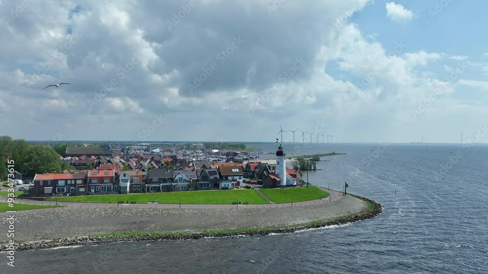 Urk former island in the Zuiderzee now at the Ijsselmeer shore with the lighthouse seen from above.
