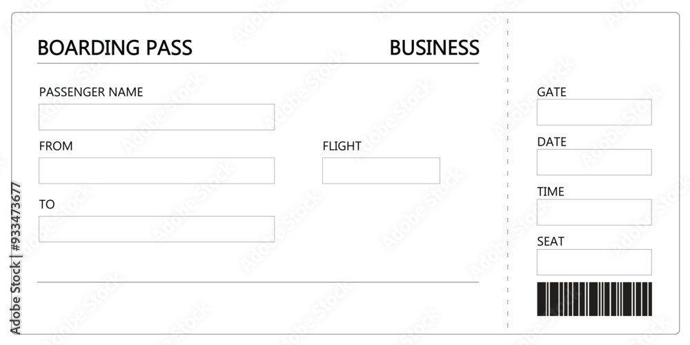 Empty black and white airline business class flight boarding pass ticket Empty black and white airline business class flight boarding pass ticket