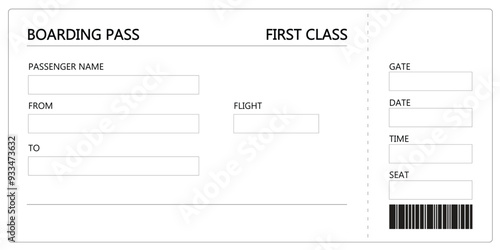 Empty black and white airline first class flight boarding pass ticket