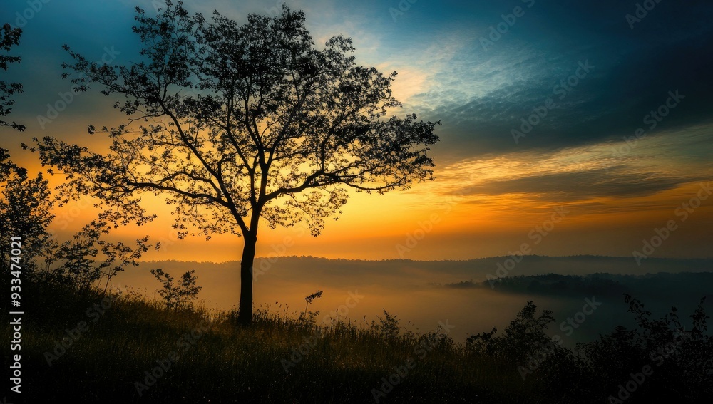 Silhouetted tree at sunrise over foggy landscape. Silhouetted tree at sunrise over foggy landscape.