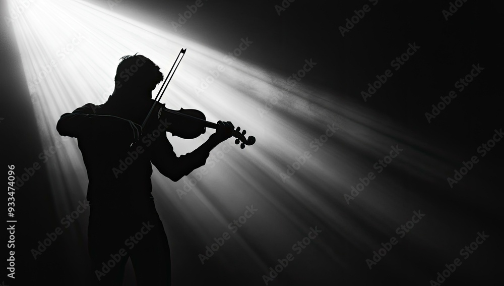Fototapeta premium Silhouetted violinist plays in spotlight.