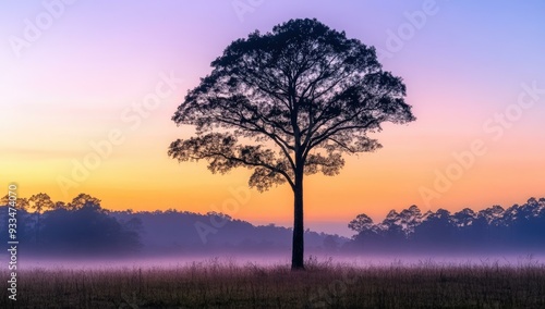 Silhouette of a tree against a misty sunrise.