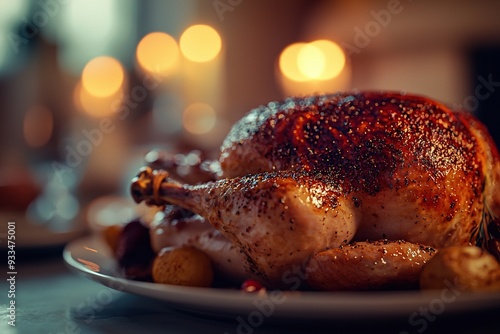 Thanksgiving turkey sereved on a kitchen table. Closeup shot. Ai generative photo