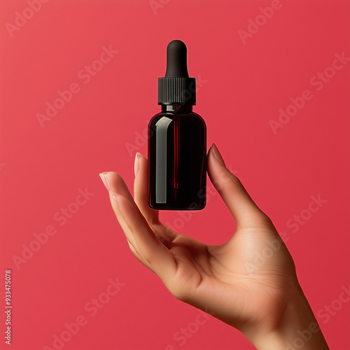 Hand Holding Dropper Bottle on Red Background.
