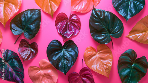 Vibrant Tropical Leaves on a Pink Background.