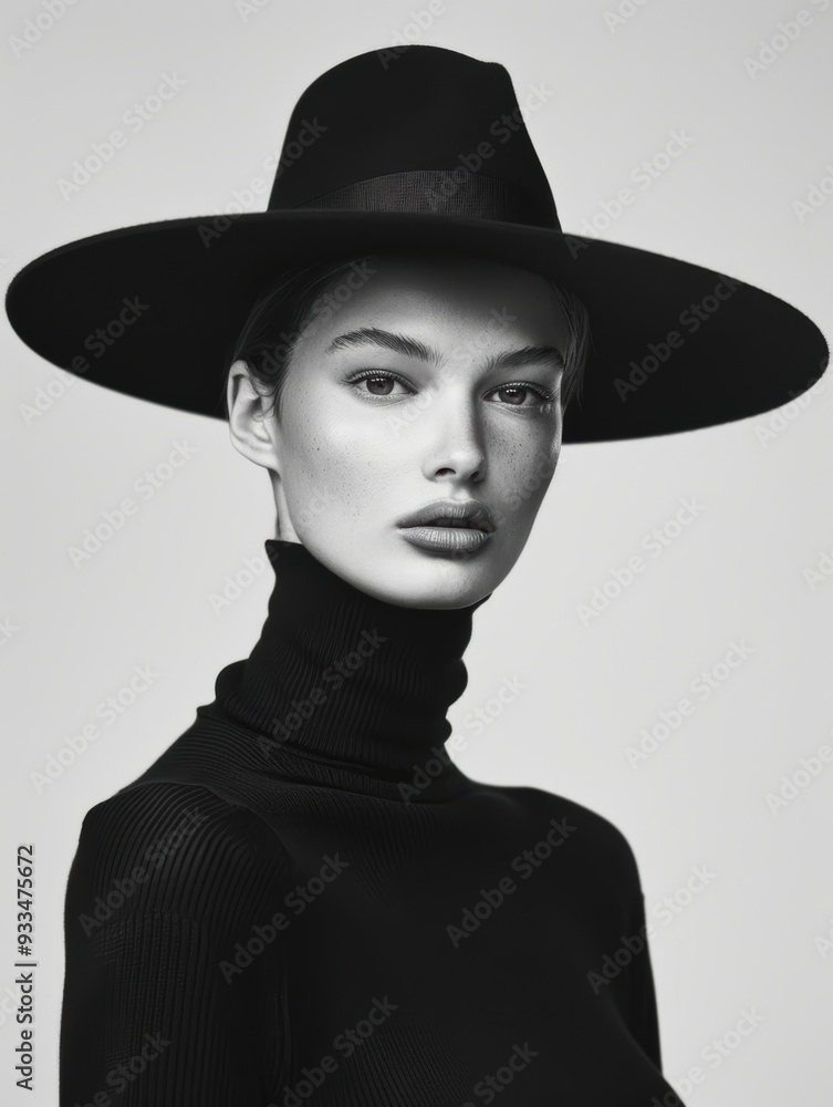 Black and white portrait of a model wearing a black turtleneck sweater, with a hat covering their face. Black and white portrait of a model wearing a black turtleneck sweater, with a hat covering their face.