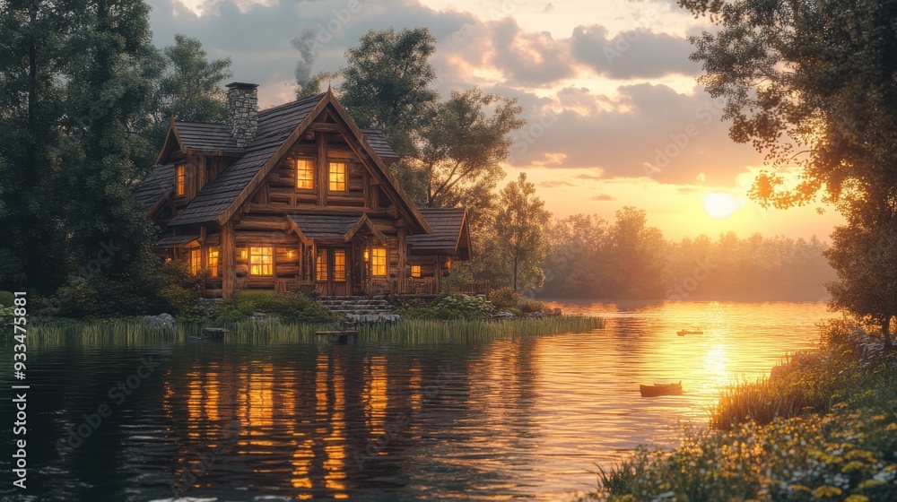 Fototapeta premium A serene lakeside cabin at sunset, reflecting on the water.