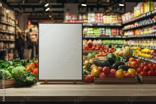 Fototapeta Naklejka Na Ścianę i Meble -  Fresh Produce Display with Blank Sign in Supermarket - Vibrant Vegetables and Fruits in Grocery Store