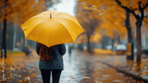 the girl with the yellow umbrella walks around the autumn city. Generation of Ai