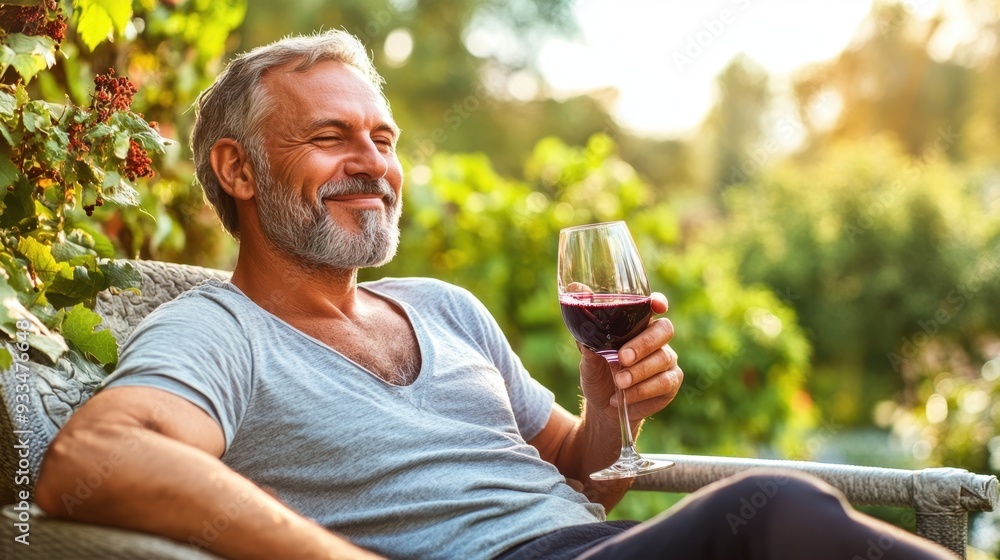 Smiling Mature Man Enjoying Glass of Wine Outdoors at Sunset Smiling Mature Man Enjoying Glass of Wine Outdoors at Sunset