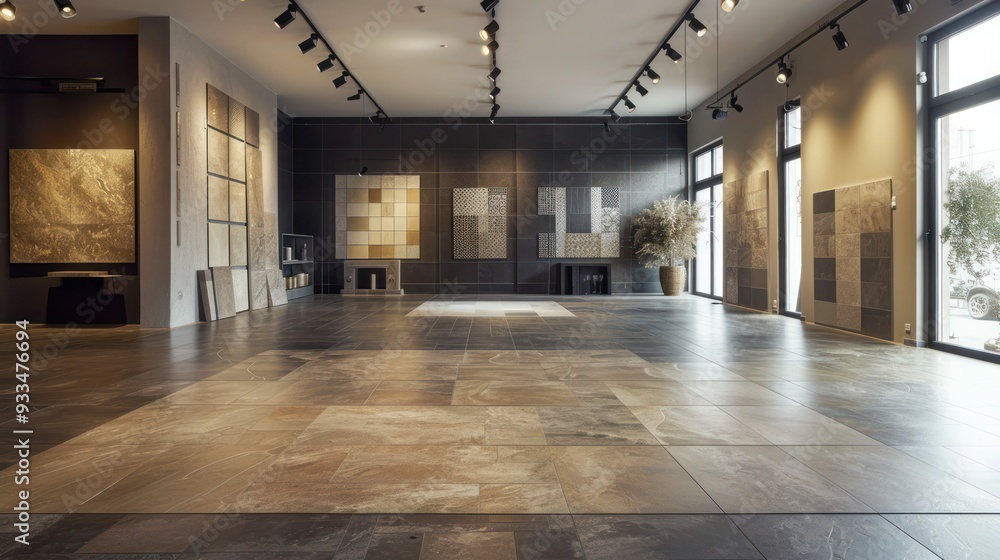 Wide shot of a tile showroom with tiled walls and flooring displays. Wide shot of a tile showroom with tiled walls and flooring displays.