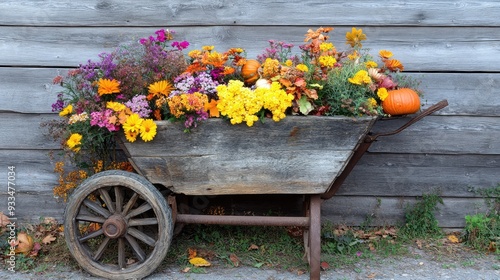 Rustic wheelbarrow with fall flowers and pumpkins. Generation Ai