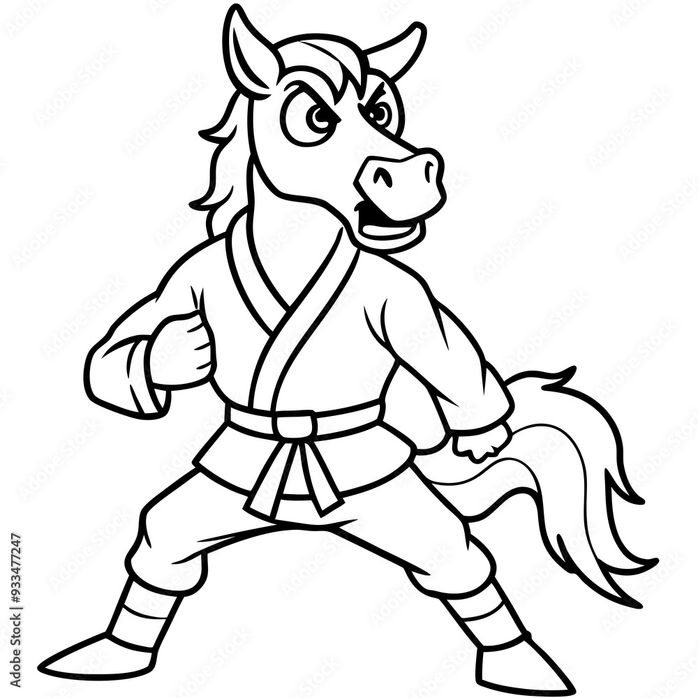 Fototapeta premium Angry Karate horse White Background line art vector illustration