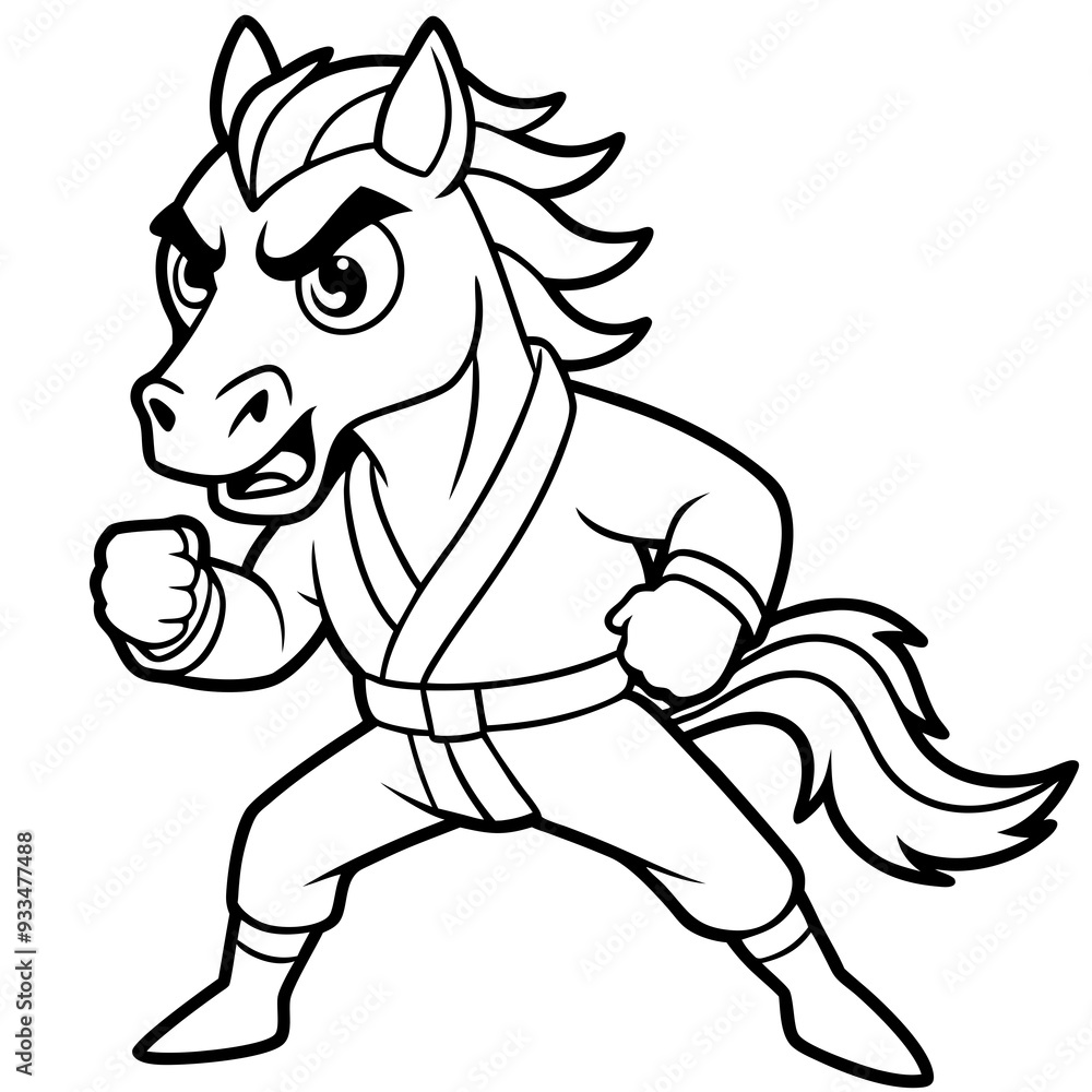Fototapeta premium Angry Karate horse White Background line art vector illustration