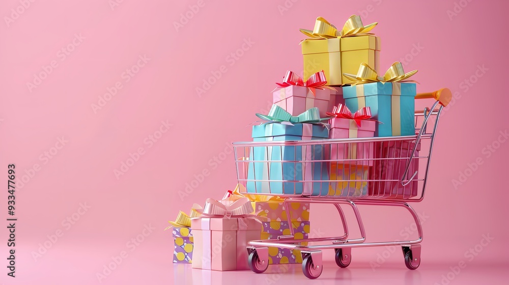 Birthday or anniversary gift concept, shopping cart with colorful gift boxes, blurred bright background with glittering lights Birthday or anniversary gift concept, shopping cart with colorful gift boxes, blurred bright background with glittering lights