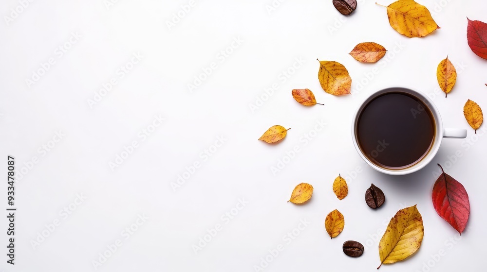 Obraz premium A cup of coffee, autumn leaves on a white background. Top view, space. Generation Ai