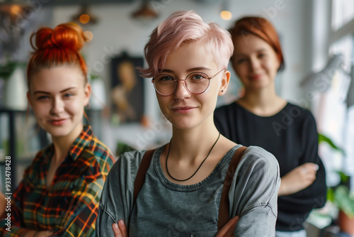 Group of young fashionable dyed hair woman in modern office. Happy lifestyle, friends concept