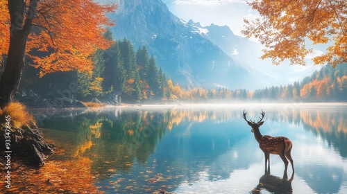 Fototapeta Naklejka Na Ścianę i Meble -  Beautiful landscape with deer on the lake in autumn. Generation Ai