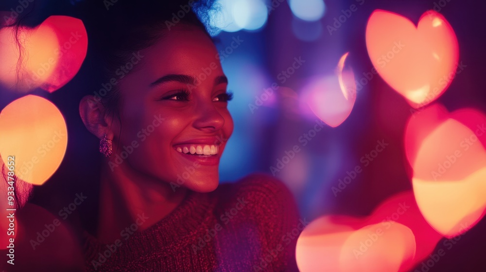Radiant Smile in Romantic Heart-Shaped Bokeh Lighting Radiant Smile in Romantic Heart-Shaped Bokeh Lighting