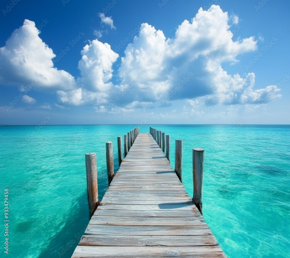A breathtaking high-resolution photograph capturing the stunning turquoise waters and vibrant sky of the Caribbean Sea. The scene features a rustic wooden pier extending into the crystal-clear A breathtaking high-resolution photograph capturing the stunning turquoise waters and vibrant sky of the Caribbean Sea. The scene features a rustic wooden pier extending into the crystal-clear