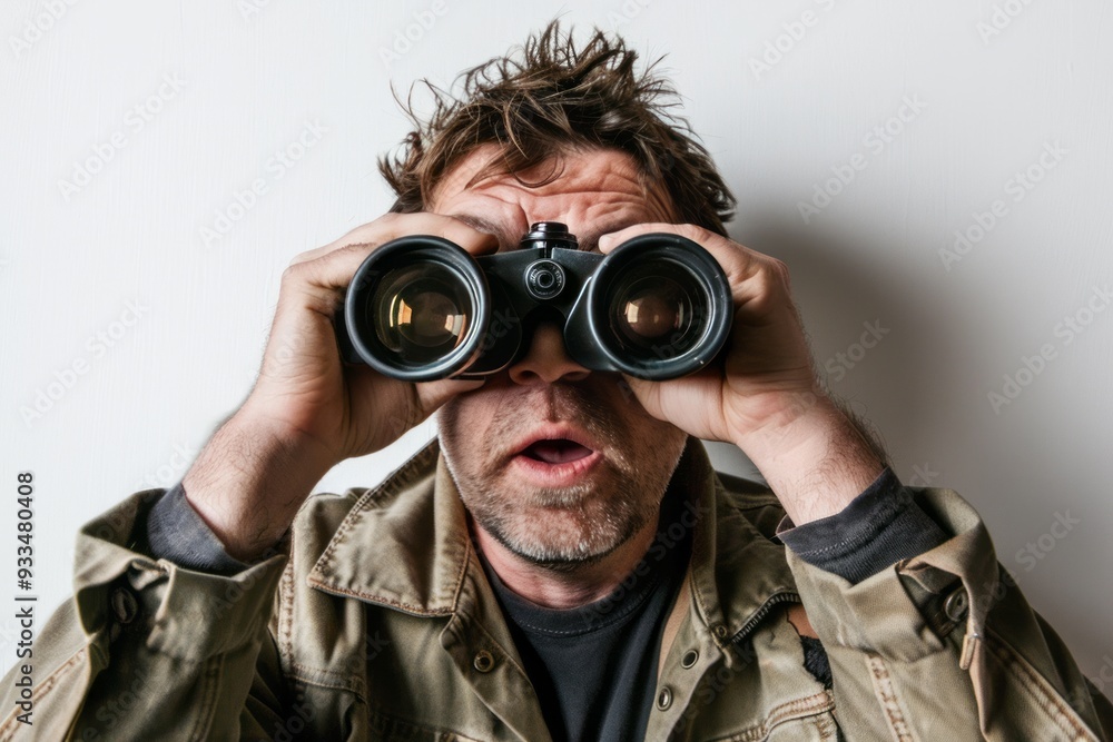 The image shows a man in his thirties wearing business casual attire, holding a pair of binoculars up to his eyes, with a focused expression. The image shows a man in his thirties wearing business casual attire, holding a pair of binoculars up to his eyes, with a focused expression.