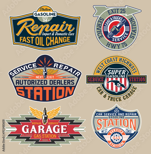 Garage gasoline car service station sign board  vintage vector artwork collection  for kids wear t shirt sticker label 