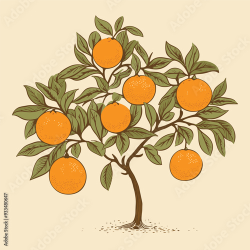Illustration of a tree with oranges and leaves