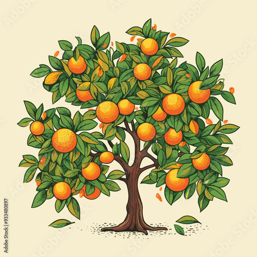 Illustration of a tree with oranges and leaves