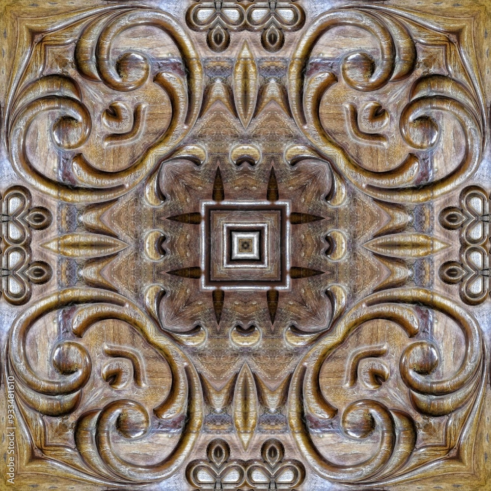 Antique Mughal art carved on expensive wood surface. Wooden engraved design for border, frame, flooring, wallcovering, furniture decoration, tiles, wrapping paper printing Antique Mughal art carved on expensive wood surface. Wooden engraved design for border, frame, flooring, wallcovering, furniture decoration, tiles, wrapping paper printing
