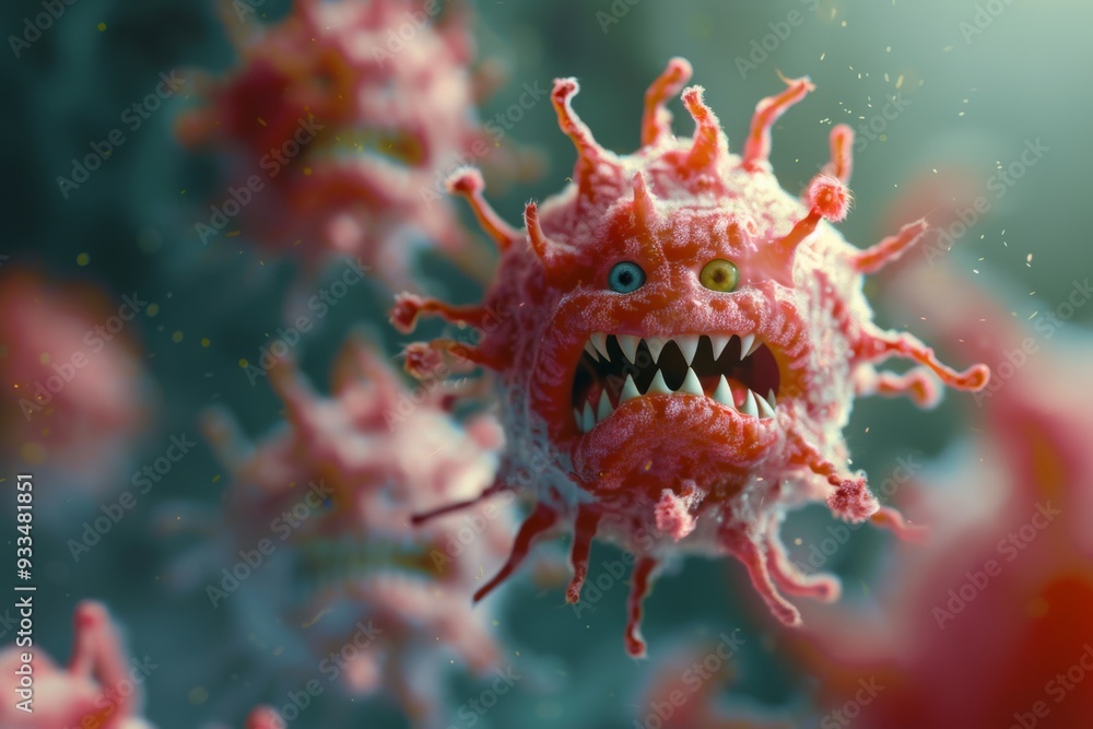 Angry virus looks hostile pronounced eyes and expressive face. Artistic depiction of angry anthropomorphic virus furious eyes. Creative depiction of viruses emotive Angry virus looks hostile pronounced eyes and expressive face. Artistic depiction of angry anthropomorphic virus furious eyes. Creative depiction of viruses emotive