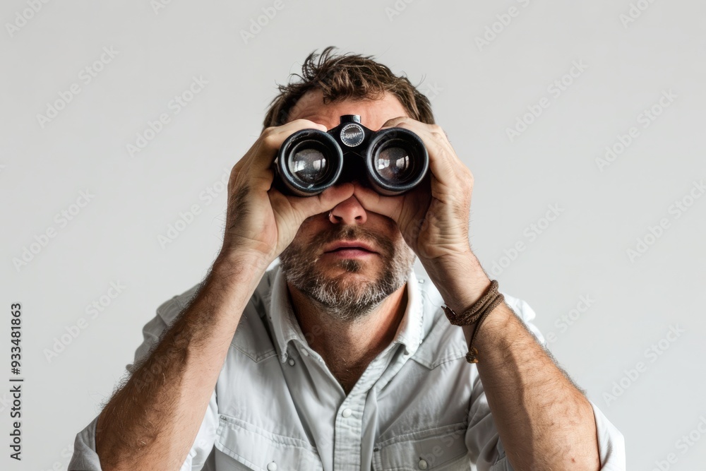 The image shows a man in his thirties wearing business casual attire, holding a pair of binoculars up to his eyes, with a focused expression. The image shows a man in his thirties wearing business casual attire, holding a pair of binoculars up to his eyes, with a focused expression.