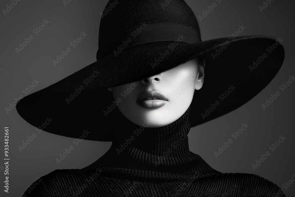 © Наталья Добровольска - Black and white portrait of a model wearing a black turtleneck sweater, with a hat covering their face. © Наталья Добровольска - Black and white portrait of a model wearing a black turtleneck sweater, with a hat covering their face.