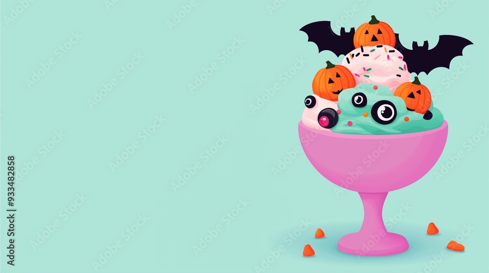 Monstrous ice cream cup with scary faces Halloween dessert on red background. Monstrous ice cream cup with scary faces Halloween dessert on red background.