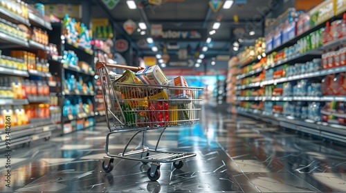 Abandoned Cart in Grocery Aisle. Empty shopping cart left in the colourful grocery store aisle.