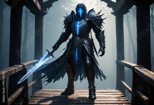 An abyssal knight, draped in tattered, dark armor that pulses with a faint, eerie glow, stands on a creaking wooden bridge. photo