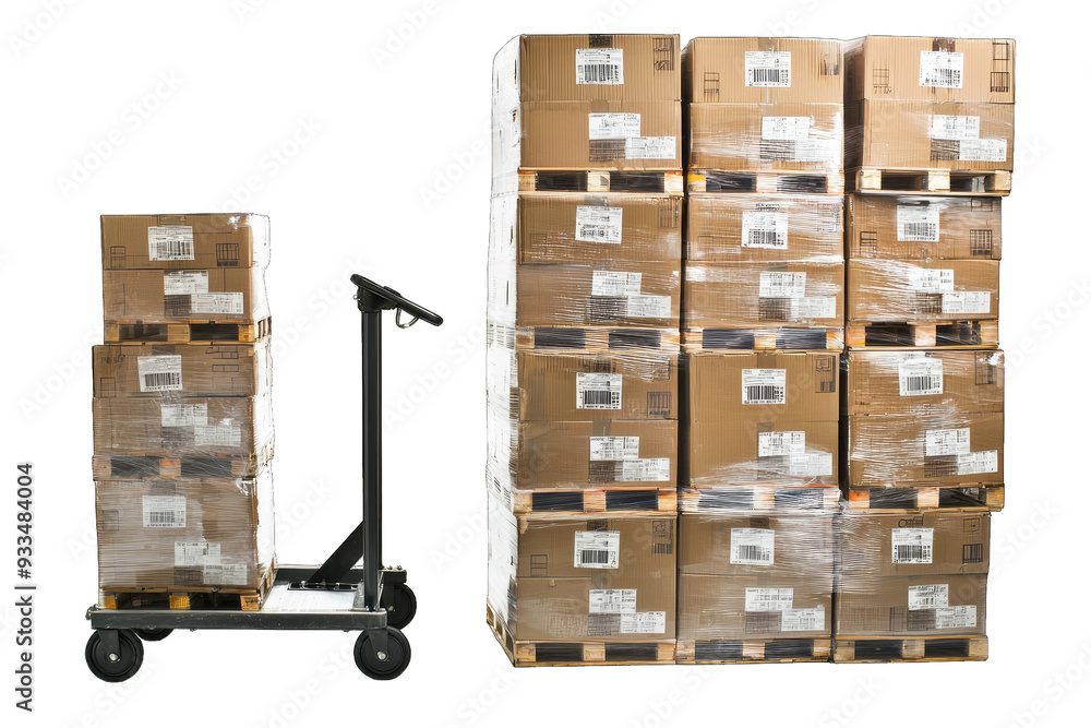 A stack of neatly arranged boxes with a hand truck beside them, ready for distribution in a warehouse setting. A stack of neatly arranged boxes with a hand truck beside them, ready for distribution in a warehouse setting.