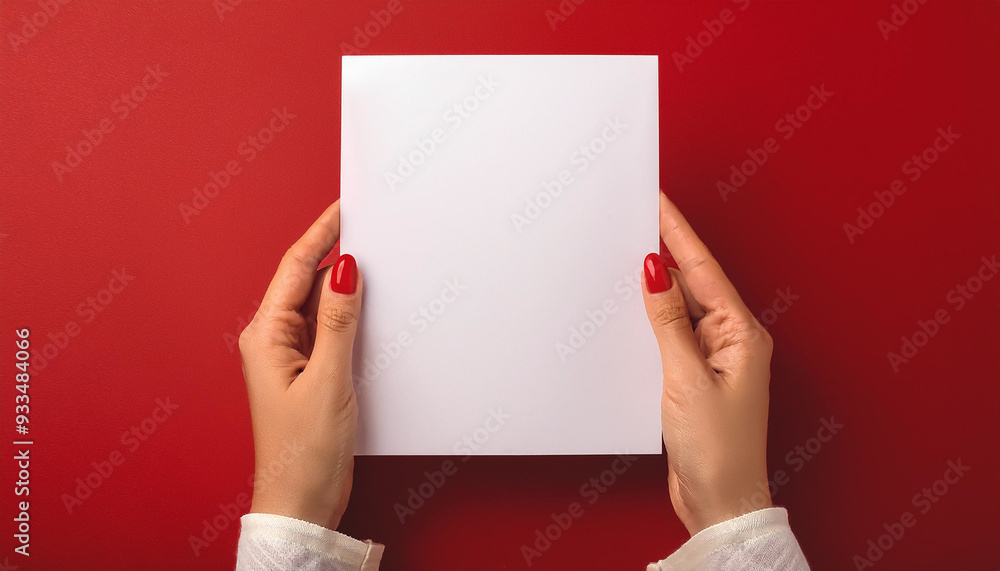 hand holding white blank paper isolated with copy space at red background hand holding white blank paper isolated with copy space at red background