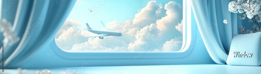 Dreamy Plane Window View with Cute 3D Elements and Serene Typography Illustration Dreamy Plane Window View with Cute 3D Elements and Serene Typography Illustration