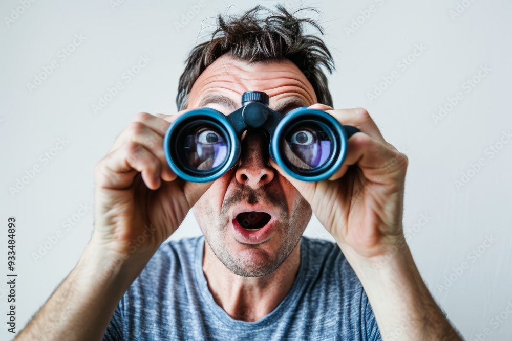 The image shows a man in his thirties wearing business casual attire, holding a pair of binoculars up to his eyes, with a focused expression. The image shows a man in his thirties wearing business casual attire, holding a pair of binoculars up to his eyes, with a focused expression.