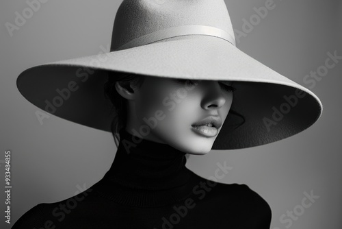 Black and white portrait of a model wearing a black turtleneck sweater, with a hat covering their face.