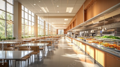 Watercolor hospital cafeteria with healthy food options  in a bright space.