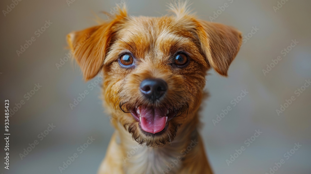 playful dog with a big smile on its face against a smooth beige background playful dog with a big smile on its face against a smooth beige background