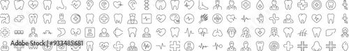 Collection of Line Icons of Medical Cross, Doctor, Tooth, Internal Organs, Clinic. Editable Stroke. Minimalistic Linear Pictogram for Design of Cards, Apps, Banners, Posts