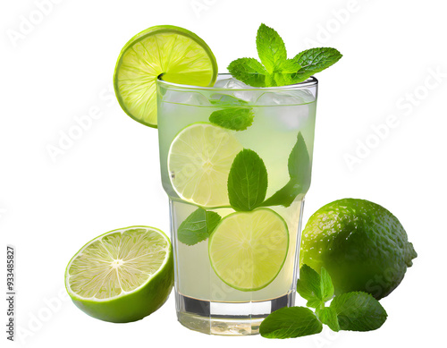 glass of lemonade drink with a lime slice and mint leaves isolated on white backgroun. Generative AI.