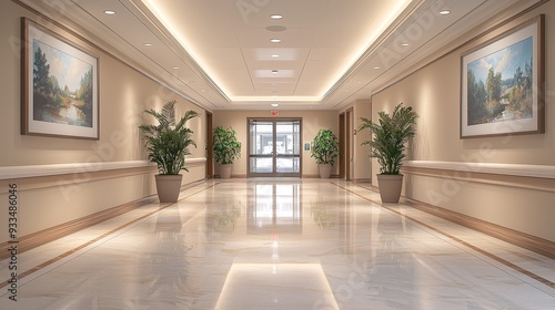 Watercolor hospital elevator lobby with clean lines and soft, natural light.