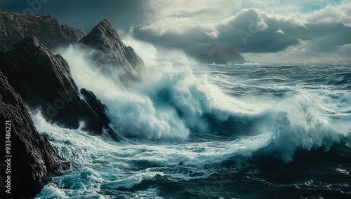 Waves crashing against rocky cliffs under a cloudy sky.