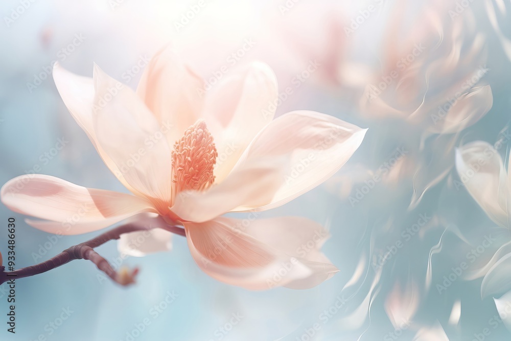 Fototapeta premium Beautiful blooming Chinese magnolia tree in spring garden. Closeup bloom flowers on sunny day. Woman's or Valentine Day. Romantic floral background for design greeting card, banner, poster, wallpaper