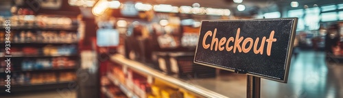 Wallpaper Mural Busy Supermarket Checkout Counter with Handwritten "Checkout" Sign in Closeup Composition Torontodigital.ca