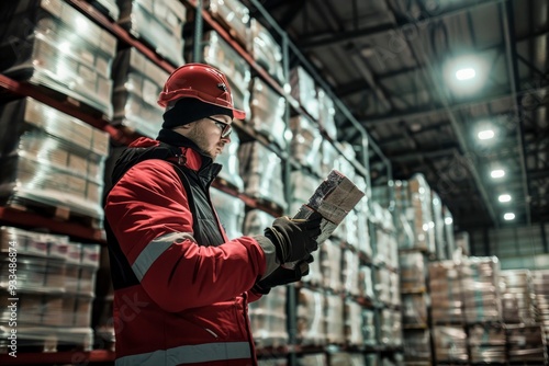 A man in a red jacket and a hard hat is reading a clipboard in a warehouse